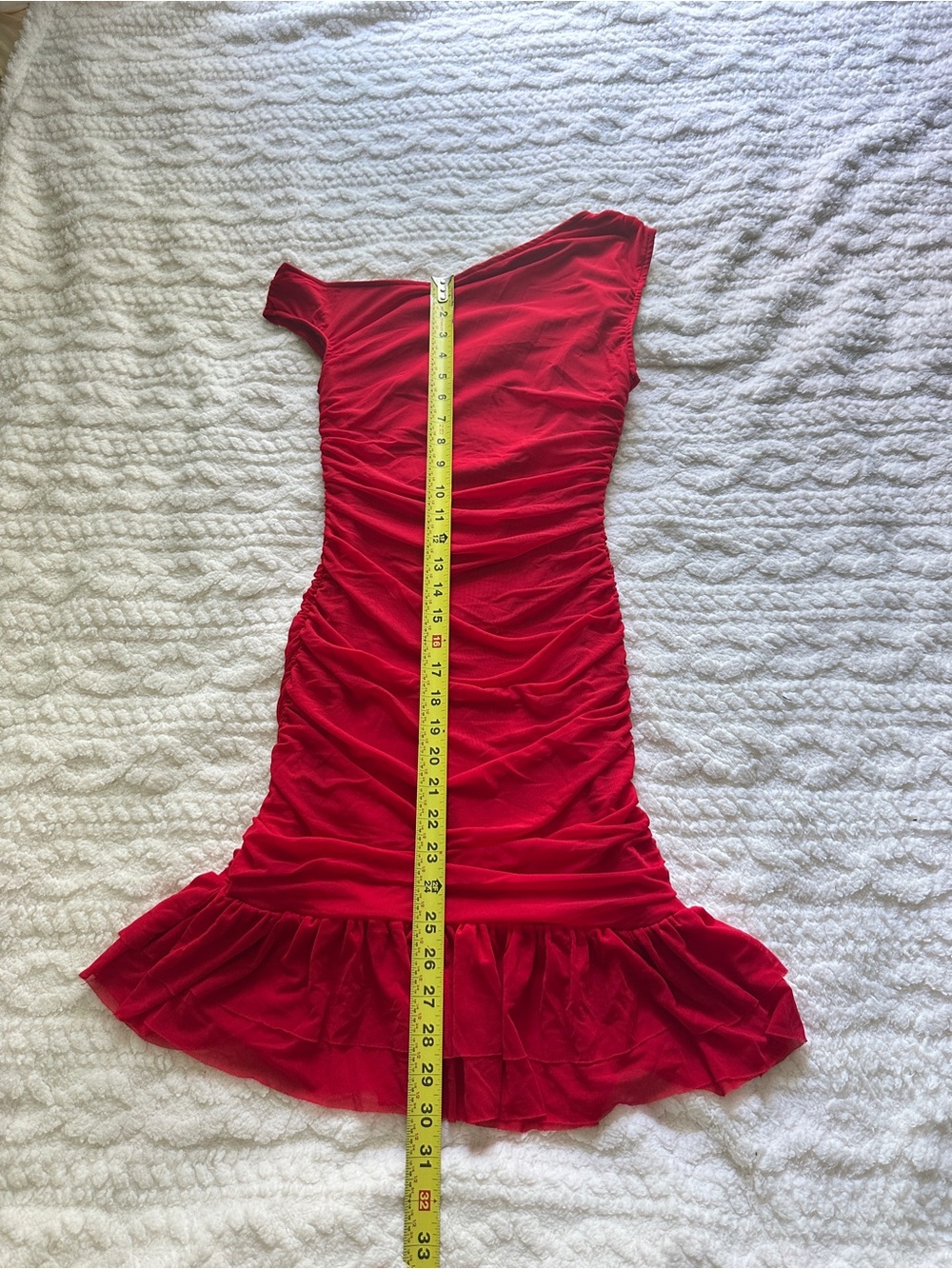 Red One-Shoulder Ruched Ruffle Mini Dress - Picture 3 of 6